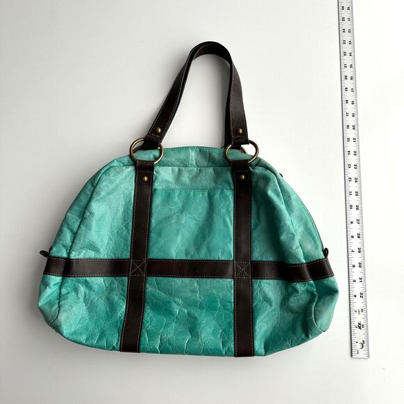 Latico Top Handle Aqua Leather Brown Accent Bowling Bag Style Medium Bag - Picture 5 of 10